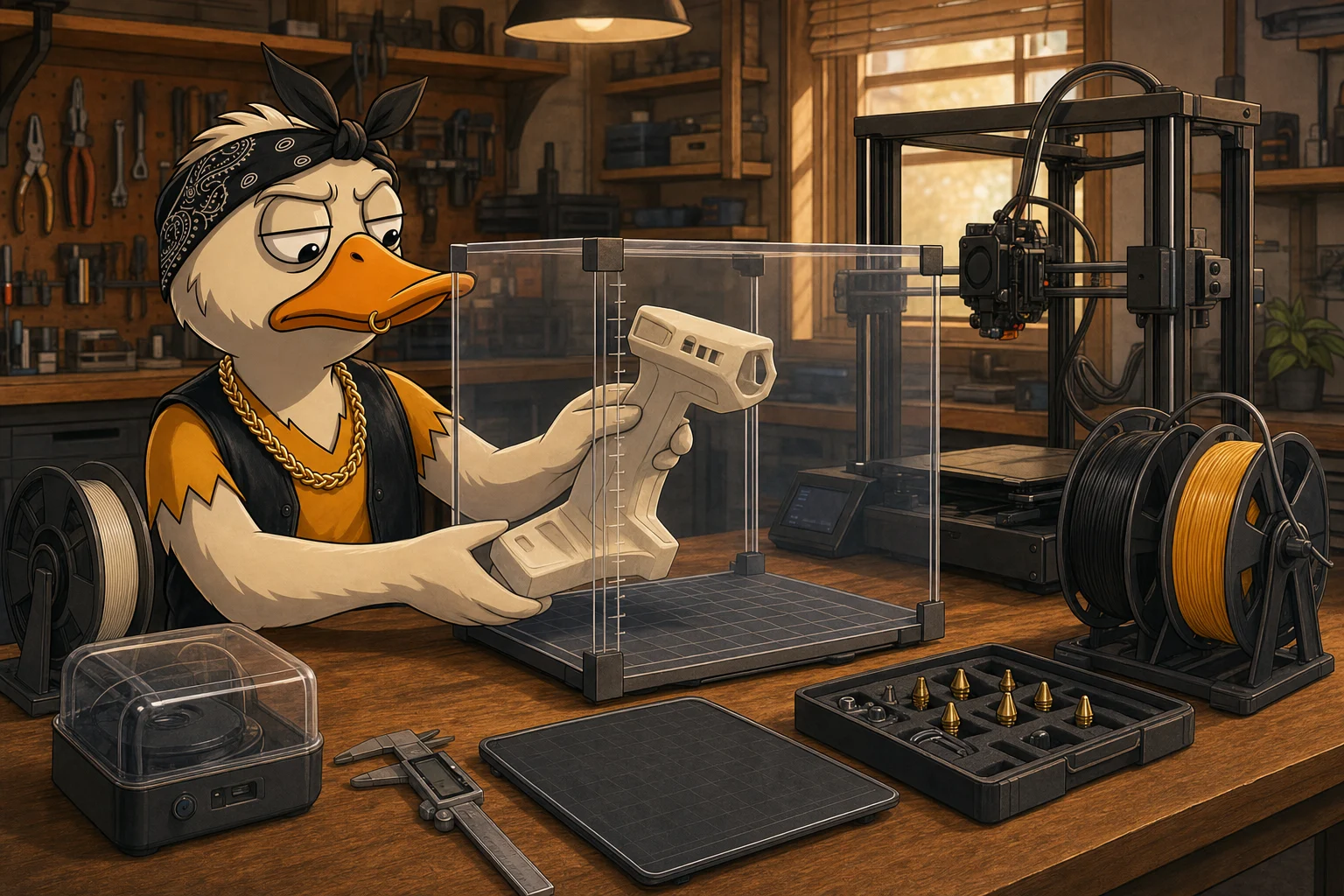Duck rotates a model inside a measured 3D-printer build volume beside filament, dryer, build plate, and nozzle checks.