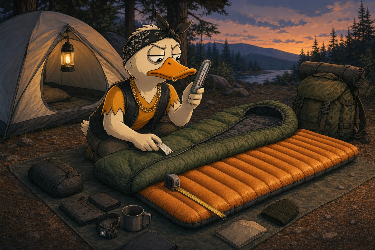 Duck measures a sleeping pad and bag beside a tent, backpack, thermometer, and packed camp gear.
