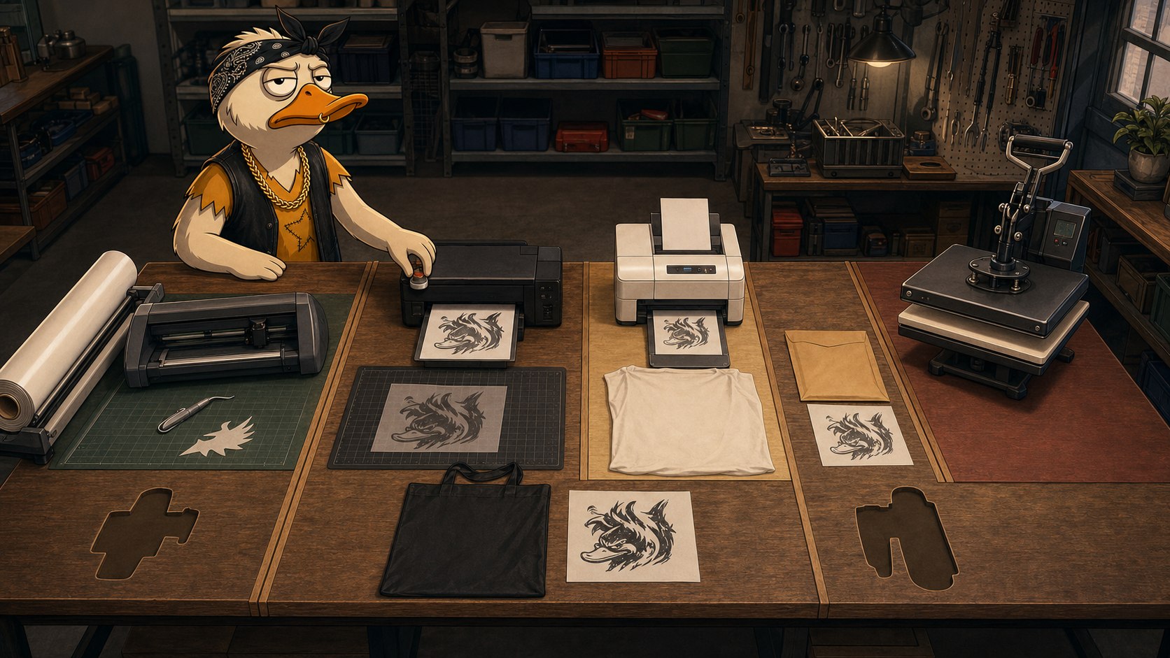 Duck separates one fabric project into cut vinyl, printable transfer, sublimation, and ordered-transfer work lanes.