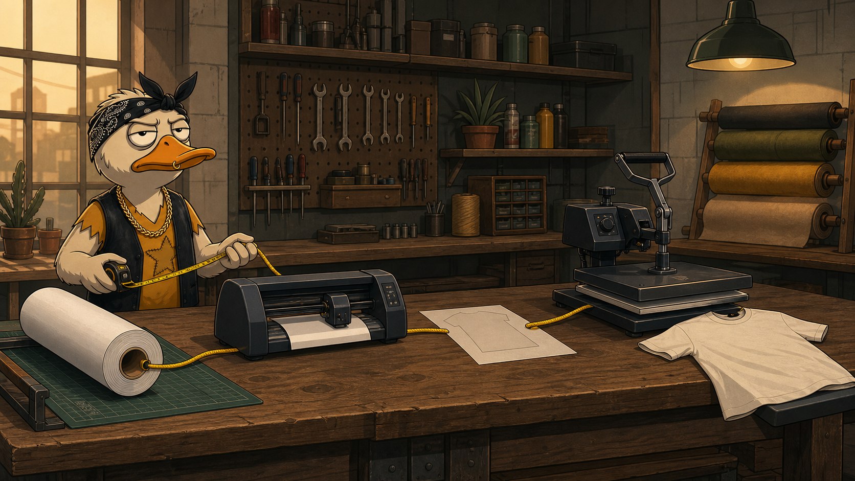 Duck traces a finished shirt backward through a heat press, transfer sheet, cutter, and material roll.