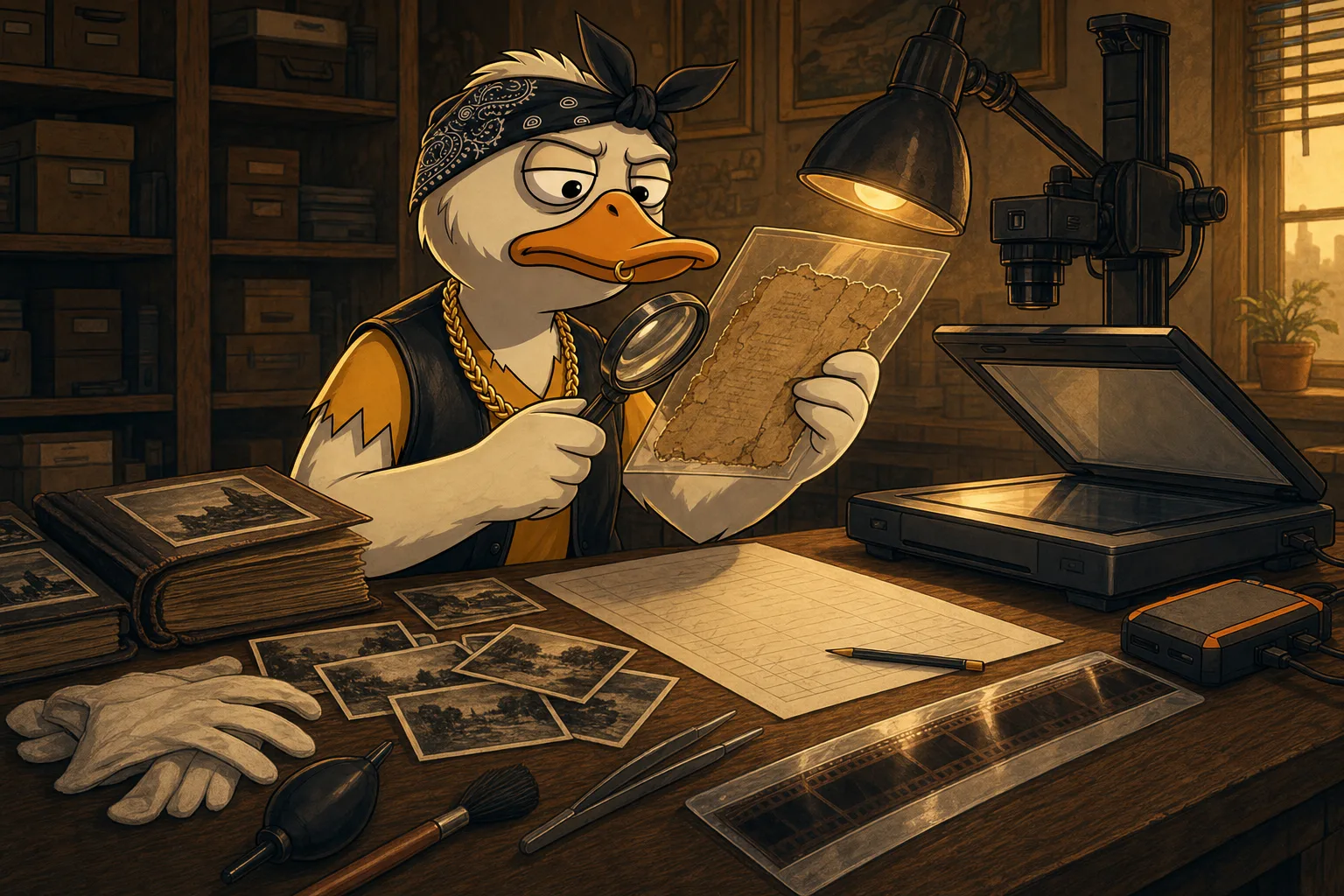 Duck sorts photographs, a bound album, film, and a fragile document before choosing a digitization method.