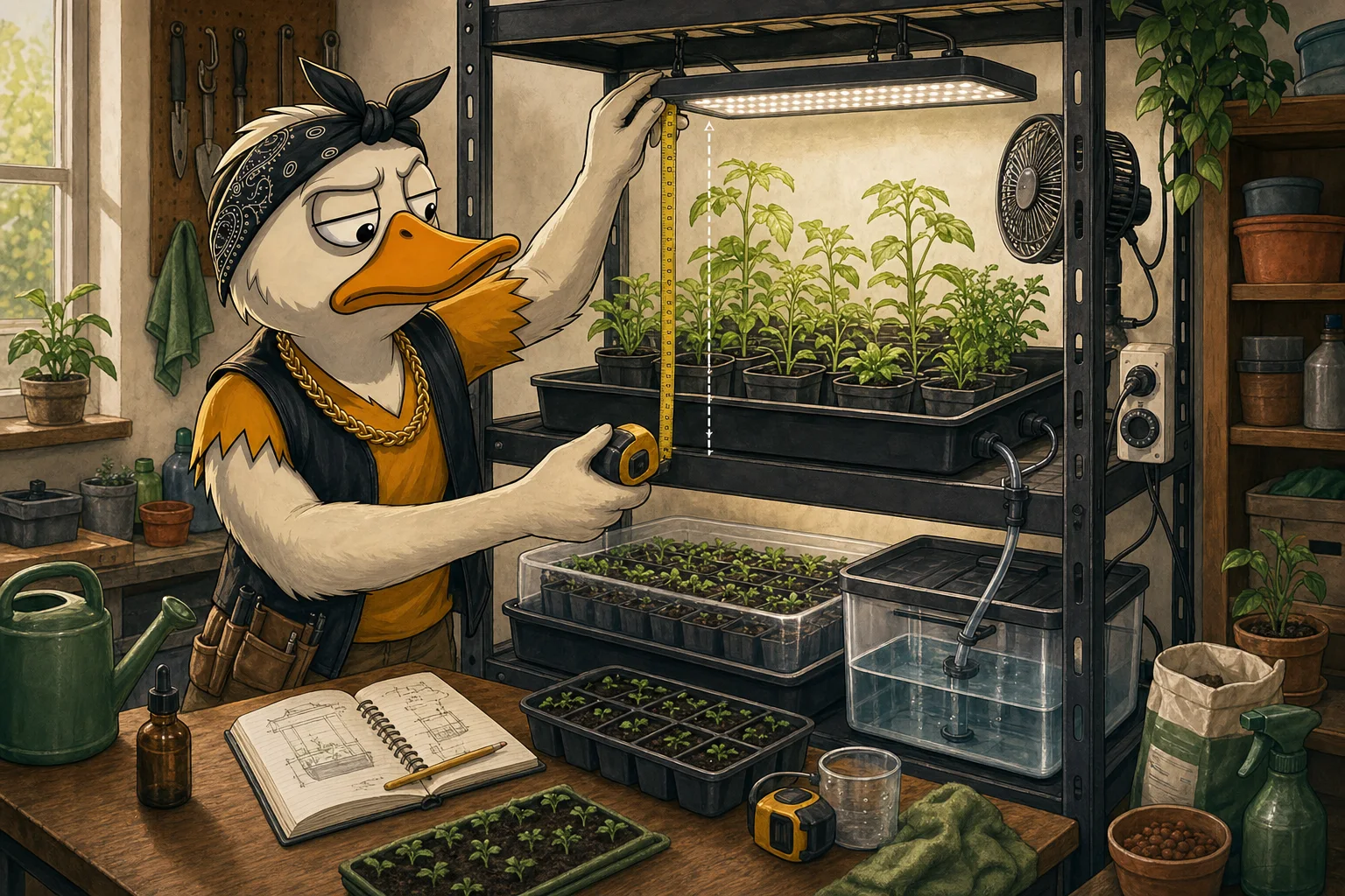 Duck measures grow-light distance above trays and plants on an indoor garden shelf beside a reservoir, timer, fan, and seed-starting tools.