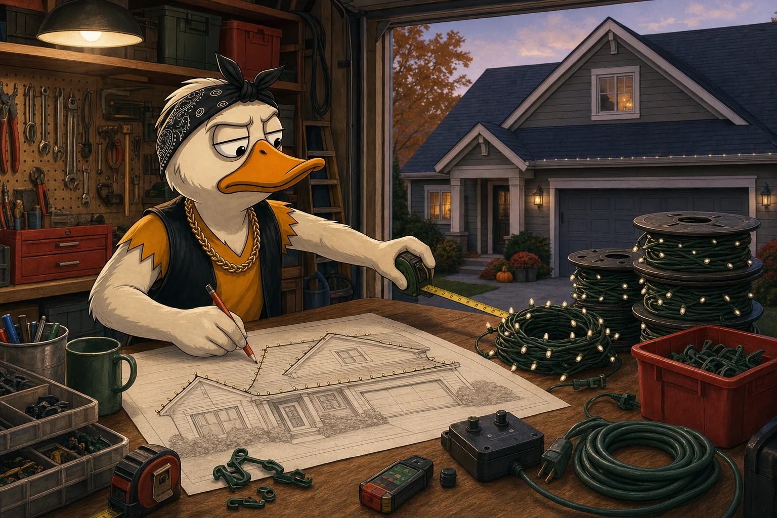 Duck measures light strings against a house display plan beside controllers, clips, cords, reels, and storage bins.