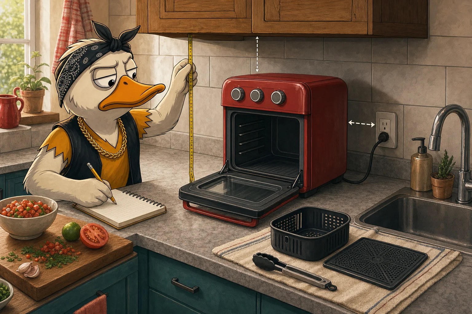 Duck measures an open countertop oven under a cabinet beside the outlet, sink, removable parts, and prep space.
