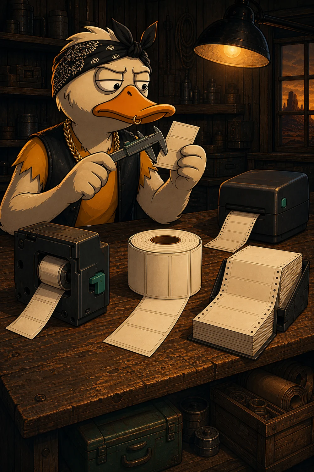Duck compares several label rolls and thermal printers at a workshop bench.