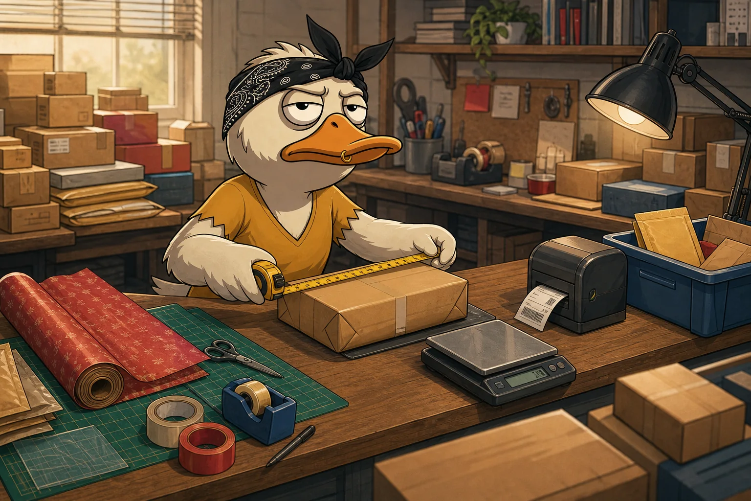 Duck measures a finished parcel beside wrapping tools, a scale, a label printer, and outgoing bins.