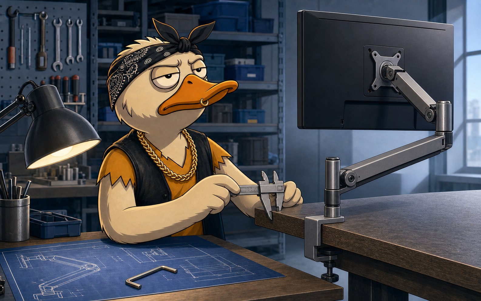 Duck measures a desk while checking a monitor arm and clamp.