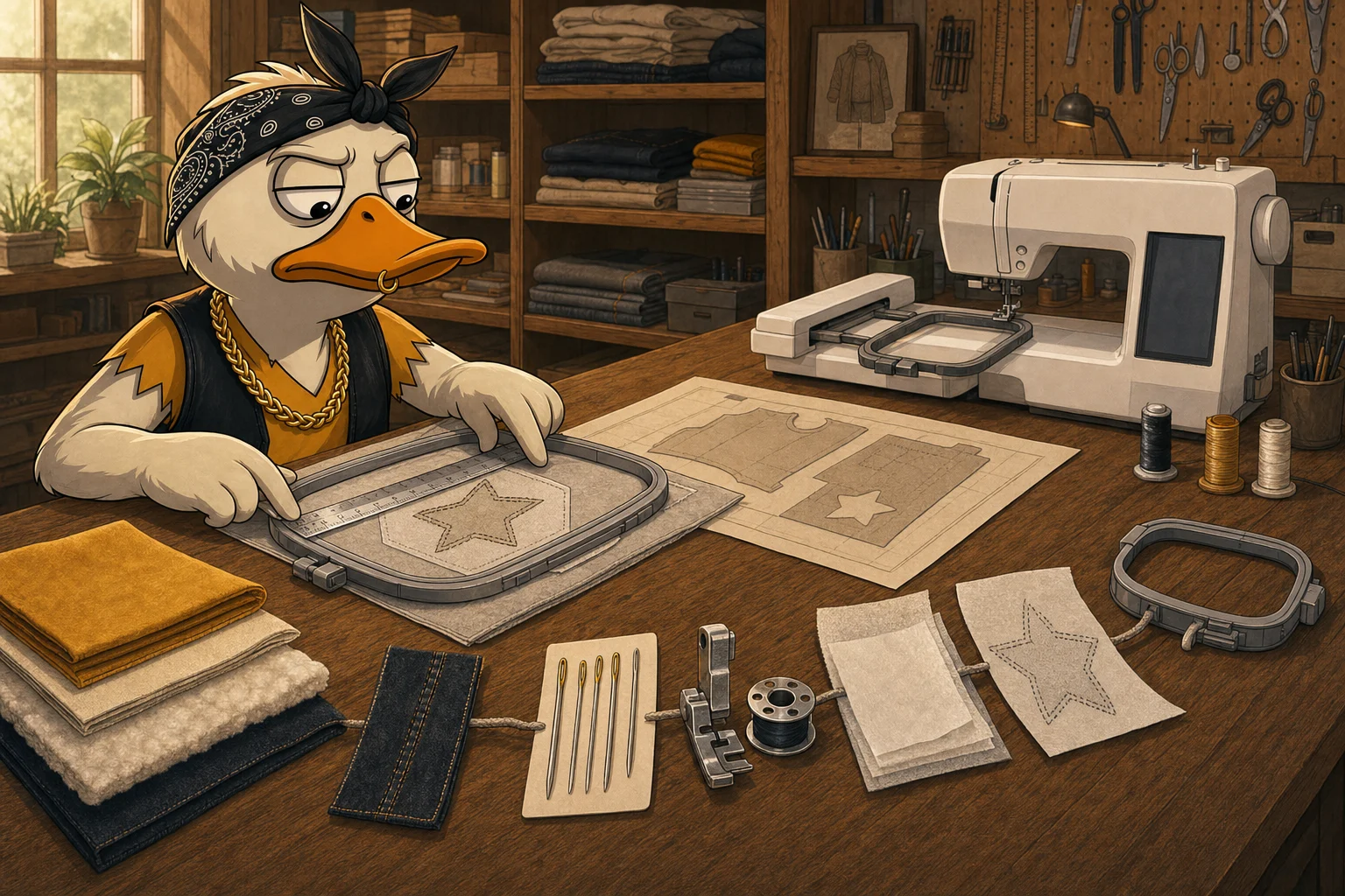 Duck checks an embroidery design, fabric, needle, presser foot, bobbin, stabilizer, and hoop around one sewing project.