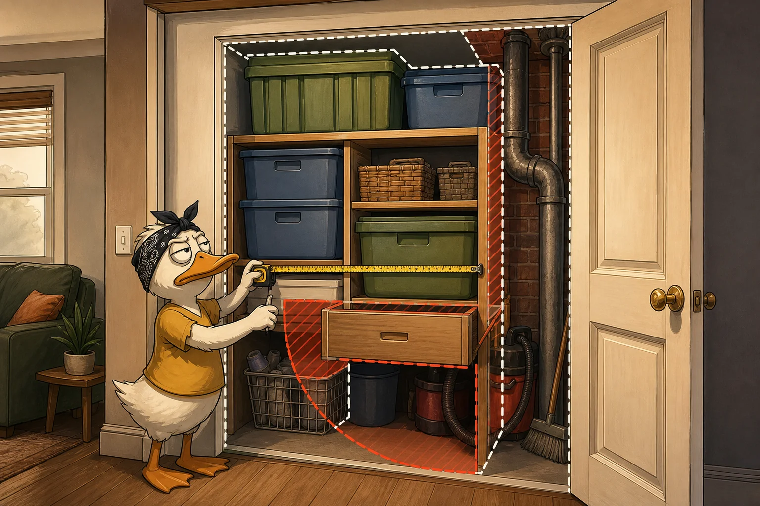 Duck measures a closet where bins, pipes, an open drawer, and the door path compete for space.