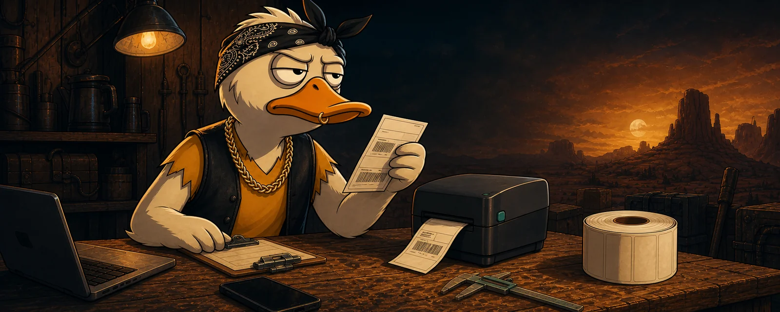 Duck checks a printed label beside a thermal printer at a workshop bench.