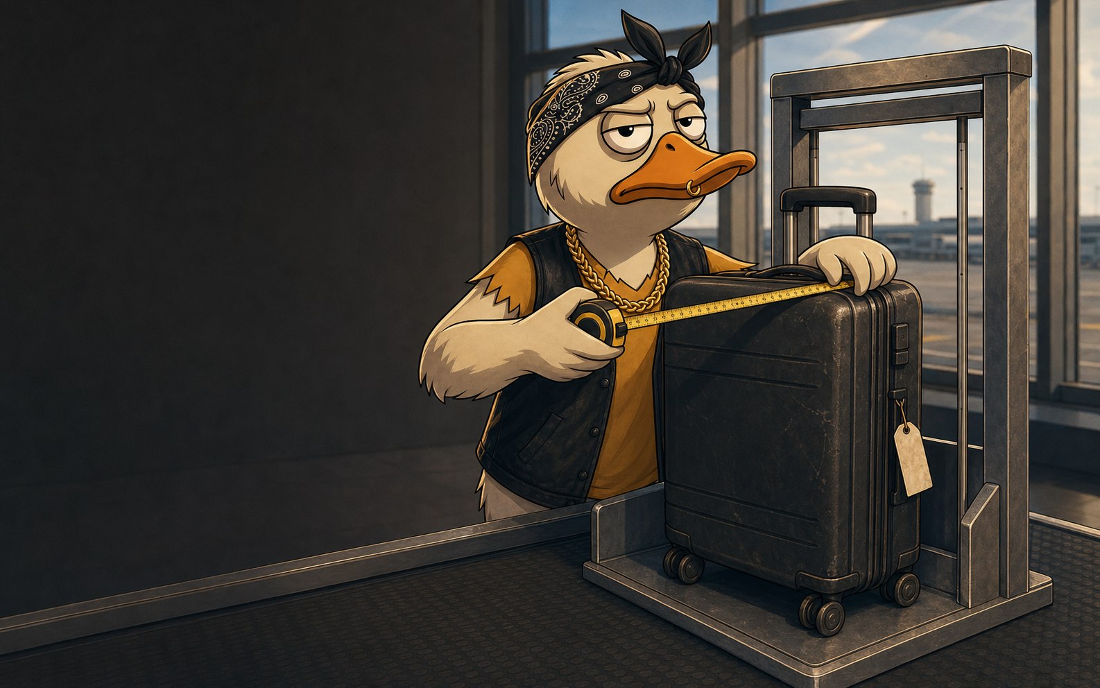 Duck measures a wheeled carry-on inside an airport baggage sizer.