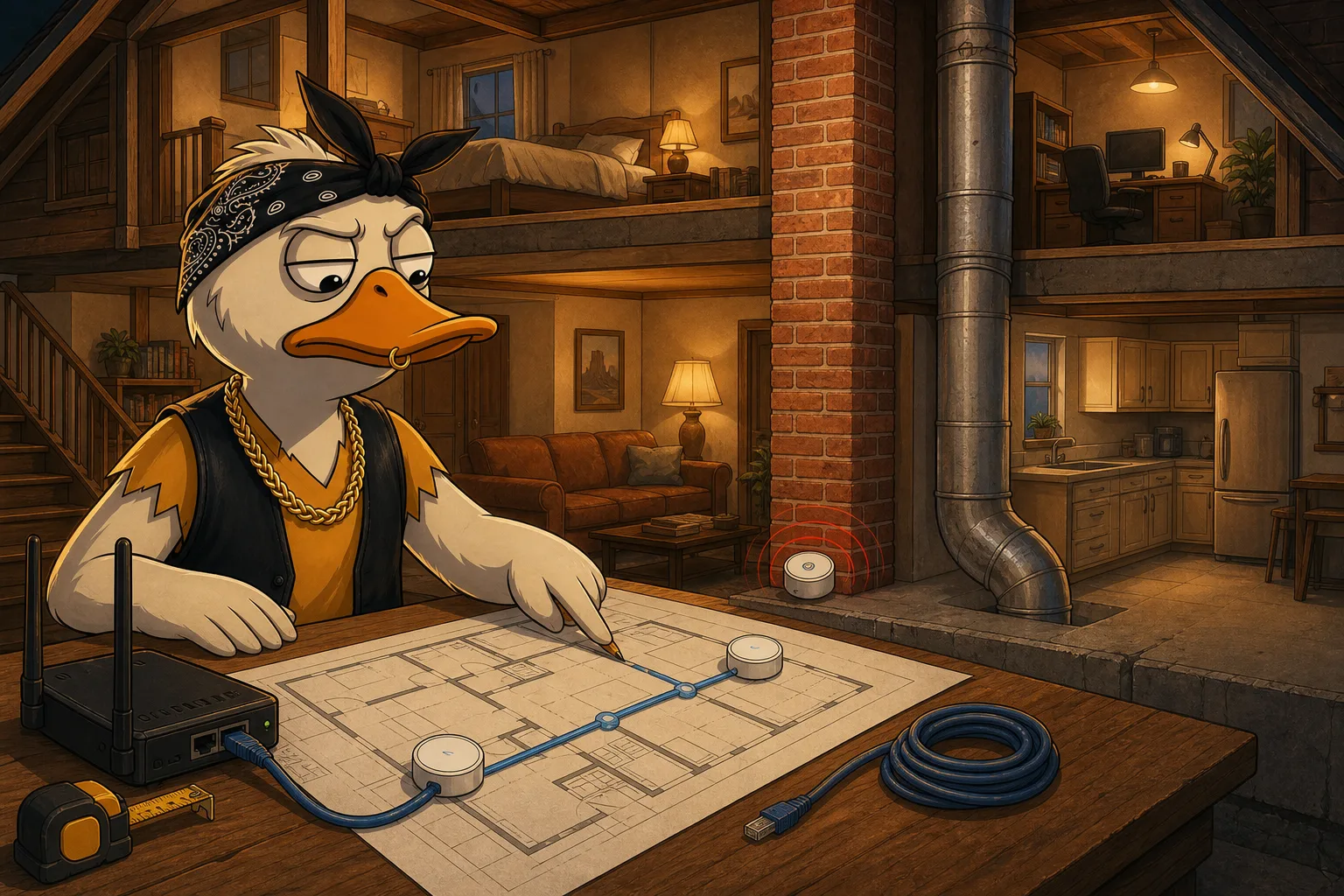 Duck maps a router, wired access points, and signal obstacles through a two-story house.